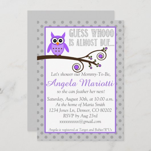 Paarse Owl Baby shower Uitnodiging (Voorkant / Achterkant)