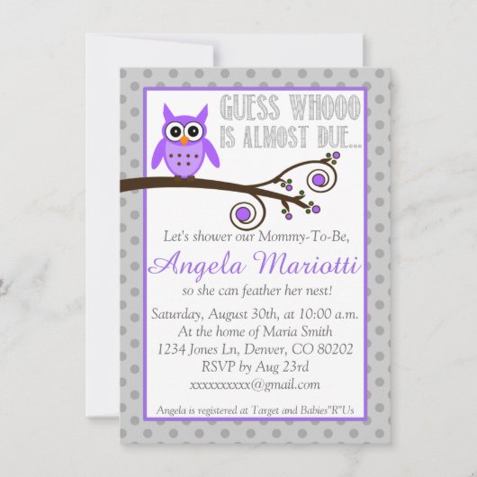 Paarse Owl Baby shower Uitnodiging (Voorkant)