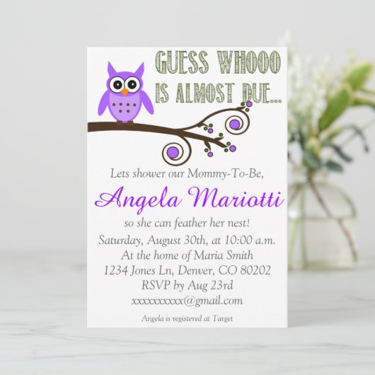Paarse Owl Baby shower Uitnodiging (Staand voorkant)
