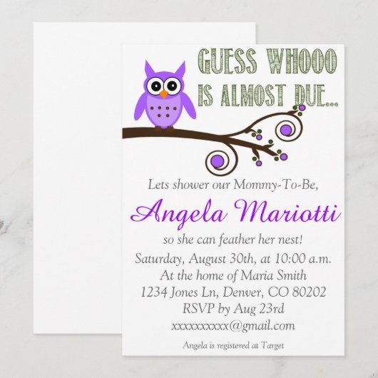 Paarse Owl Baby shower Uitnodiging (Voorkant / Achterkant)