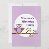 Paarse Owl Birthday Party Invitation Kaart (Achterkant)