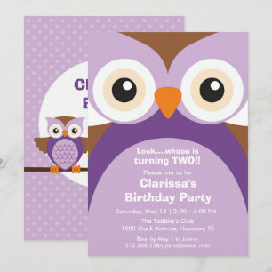 Paarse Owl Birthday Party Invitation Kaart