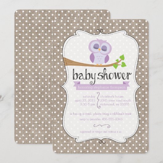 Paarse Owl Burlap Stippen Baby shower Uitnodiging (Voorkant / Achterkant)