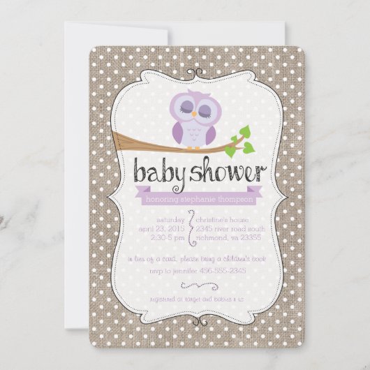 Paarse Owl Burlap Stippen Baby shower Uitnodiging (Voorkant)