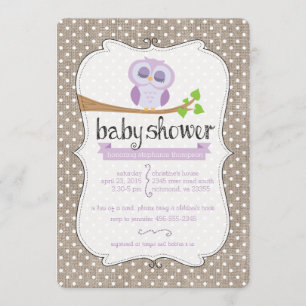Paarse Owl Burlap Stippen Baby shower Uitnodiging