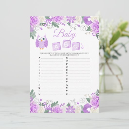 Paarse Owl Floral Baby shower Baby ABC Game Kaart (Staand voorkant)