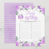 Paarse Owl Floral Baby shower Baby ABC Game Kaart (Voorkant / Achterkant)