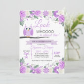 Paarse Owl Floral Baby shower Uitnodiging (Staand voorkant)