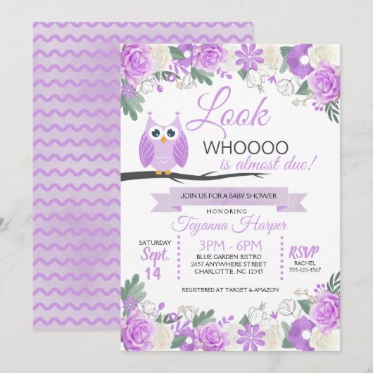 Paarse Owl Floral Baby shower Uitnodiging (Voorkant / Achterkant)