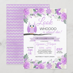Paarse Owl Floral Baby shower Uitnodiging