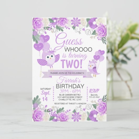 Paarse Owl Floral Birthday Uitnodiging (Staand voorkant)
