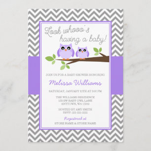 Paarse Owl Gray Chevron Girl Baby shower Kaart