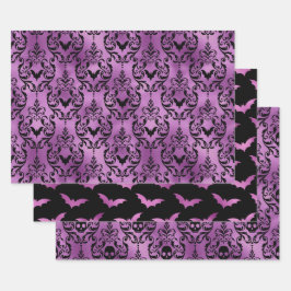 Paarse Paarse Vleermuis en Schedel Halloween Damas Inpakpapier Vel