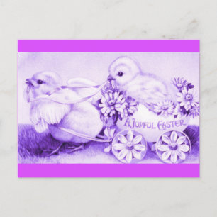 Paarse paaskuikens met Floral Easter Egg Coach Feestdagenkaart