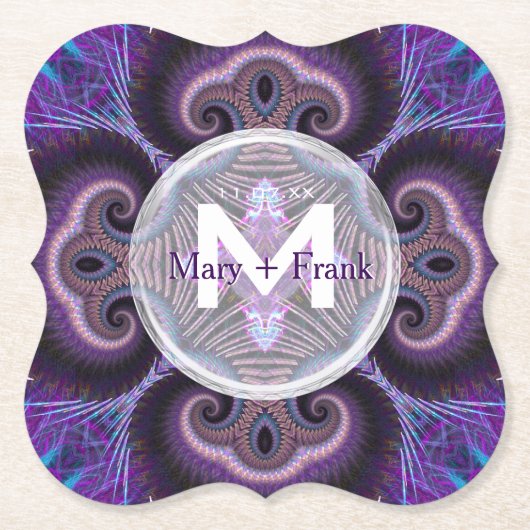 Paarse paddenstoel Mandala Fractals Monogram Kartonnen Onderzetters (Voorkant)