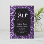 Paarse pailletten 80ste verjaardagsfeestje kaart (Staand voorkant)