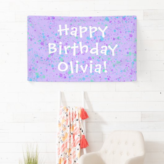 Paarse Paint Splatter Birthday Spandoek (Insitu)