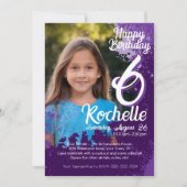 Paarse Paint Splatter Foto 6e Verjaardag Uitnodige Kaart (Voorkant)