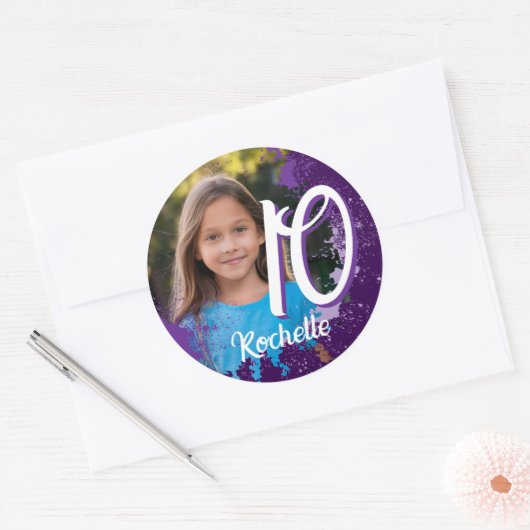 Paarse Paint Splatter Foto Sticker - Leeftijd 10 (Envelop)