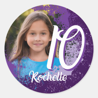 Paarse Paint Splatter Foto Sticker - Leeftijd 10