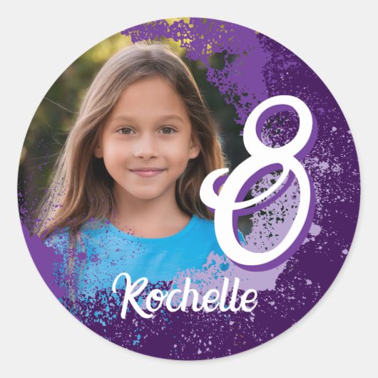 Paarse Paint Splatter Foto Sticker - Leeftijd 8 (Voorkant)