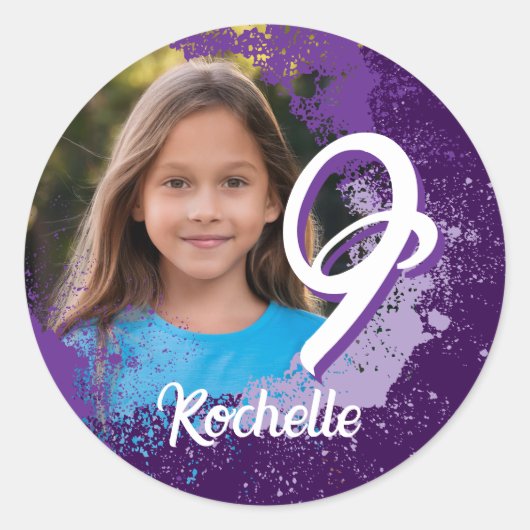 Paarse Paint Splatter Foto Sticker - Leeftijd 9 (Voorkant)