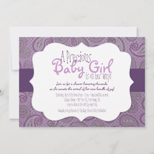 Paarse Paisley Baby Girl Shower Kaart (Voorkant)