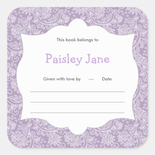 Paarse Paisley Meisje Boek baby shower Bookplate Vierkante Sticker (Voorkant)