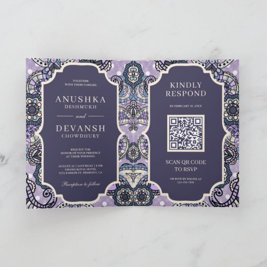 Paarse Paisley Pattern QR Code Indian Wedding (Binnen)