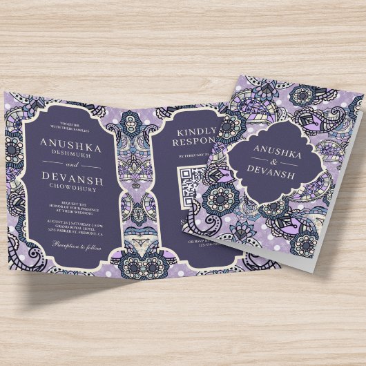 Paarse Paisley Pattern QR Code Indian Wedding