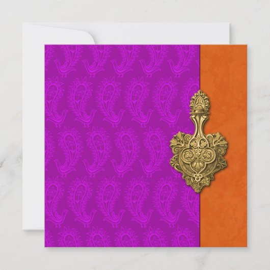 Paarse Paisley Peacock Indian Wedding Invitation Kaart (Voorkant)