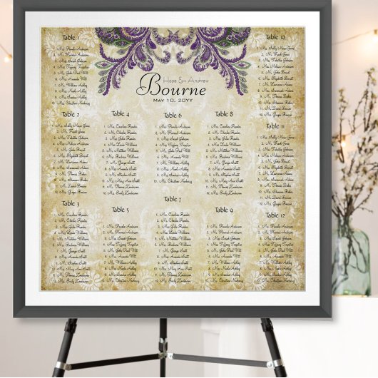 Paarse Paisley Peacock Wedding Seating Charts Poster