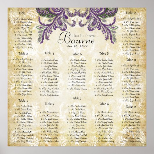 Paarse Paisley Peacock Wedding Seating Charts Poster (Voorkant)