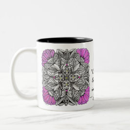 Paarse Palmblad Doodle met Citat over Koffie Tweekleurige Koffiemok