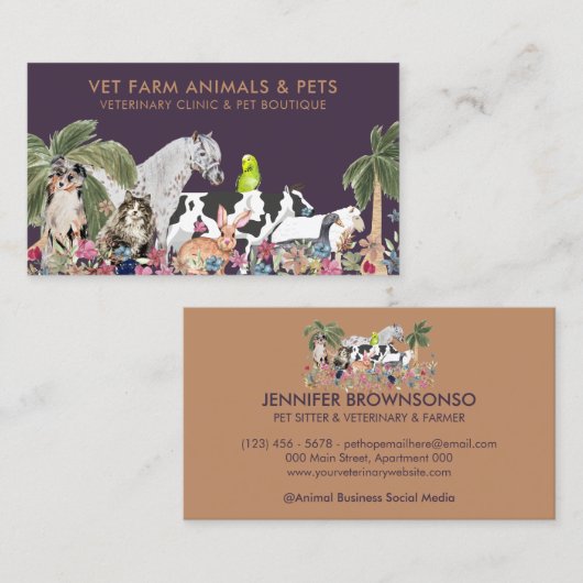 Paarse Palmboom Boerderij Dier Kat Hond Vogel Huis Visitekaartje (Voorkant / Achterkant)
