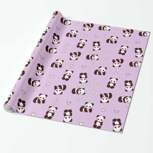 Paarse Panda hart inpakpapier (Uitgerold)