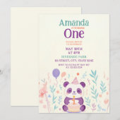 Paarse panda met bloementuin scène 1e verjaardag kaart (Voorkant / Achterkant)