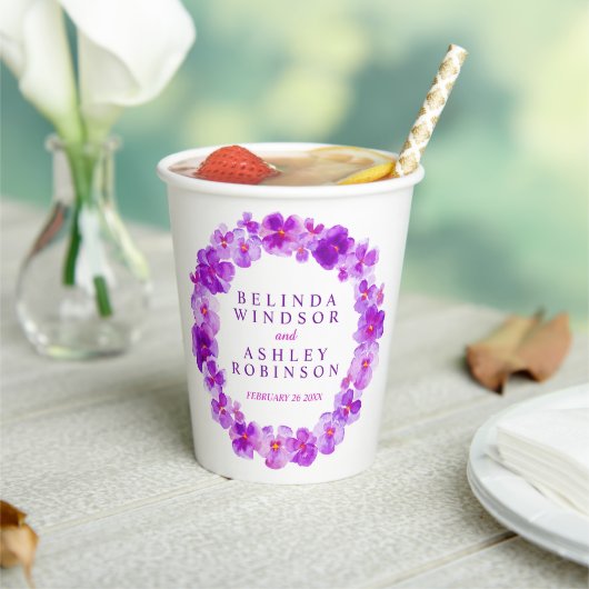 Paarse pansiebloem met waterverf bruiloft papieren bekers (Insitu)