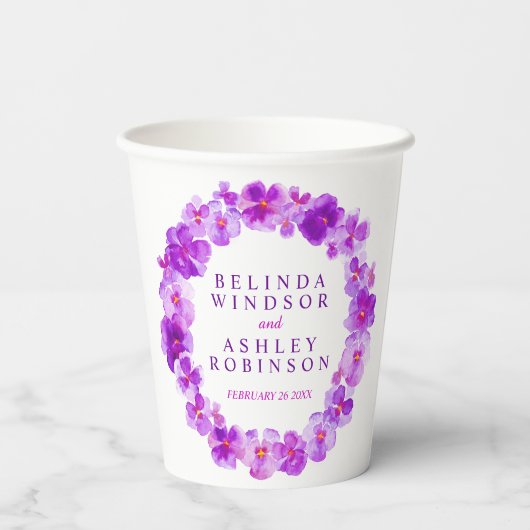 Paarse pansiebloem met waterverf bruiloft papieren bekers (Achterkant)