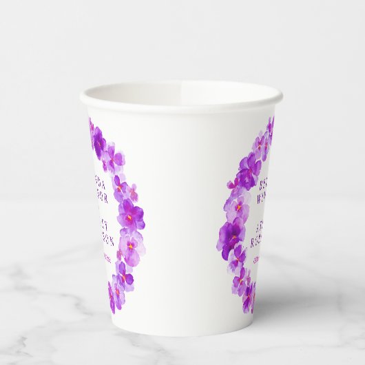 Paarse pansiebloem met waterverf bruiloft papieren bekers (Links)