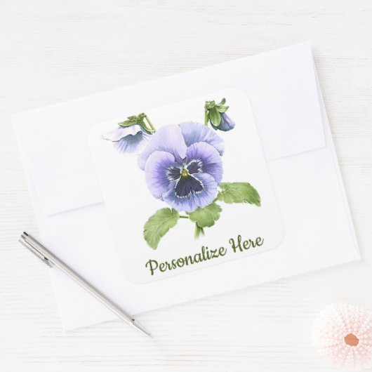 Paarse pansieën - botanische kunst vierkante sticker (Envelop)