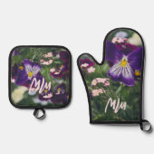 Paarse pansies en roze vergeet-me-nots ovenwant & pannenlap set (Voorkant)