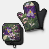 Paarse pansies en roze vergeet-me-nots ovenwant & pannenlap set (Voorkant / Achterkant)