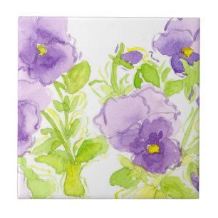 Paarse Pansies Pastel Waterverf Bloemen Tegeltje