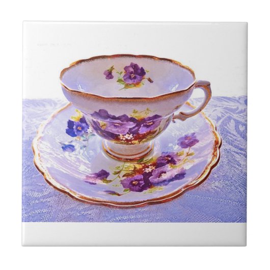 Paarse Pansies  Tea Cup Tile Tegeltje (Voorkant)