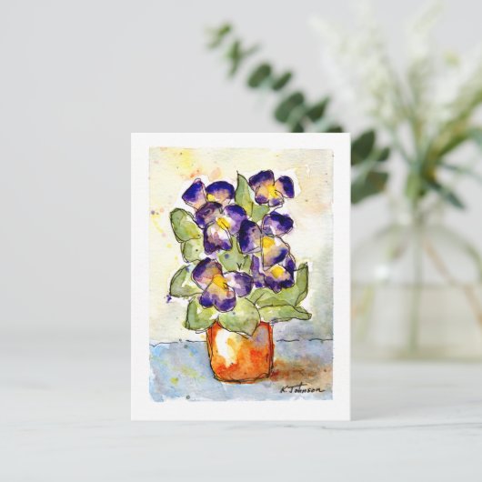 Paarse Pansies Waterverf Briefkaart (Staand voorkant)