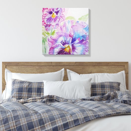 Paarse Pansy Aquarel Schilderij Canvas Print (Insitu (Slaapkamer))