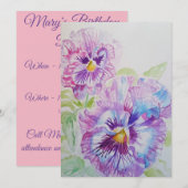 Paarse Pansy Art Waterverf Birthday Uitnodiging (Voorkant / Achterkant)