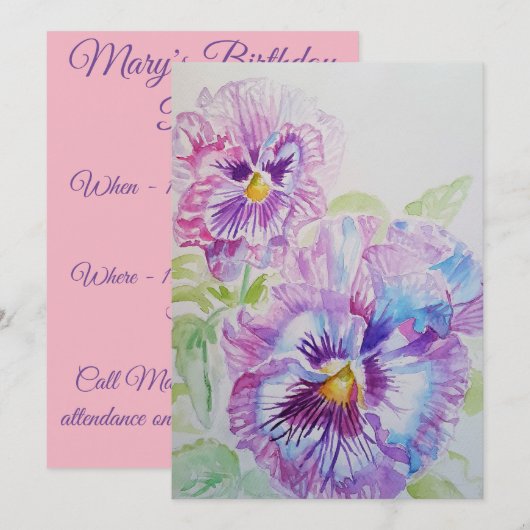 Paarse Pansy Art Waterverf Birthday Uitnodiging (Voorkant / Achterkant)