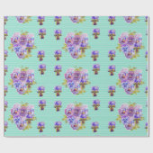 Paarse Pansy bloemen floral Aqua Stripe Wrapping Cadeaupapier (Vlak)